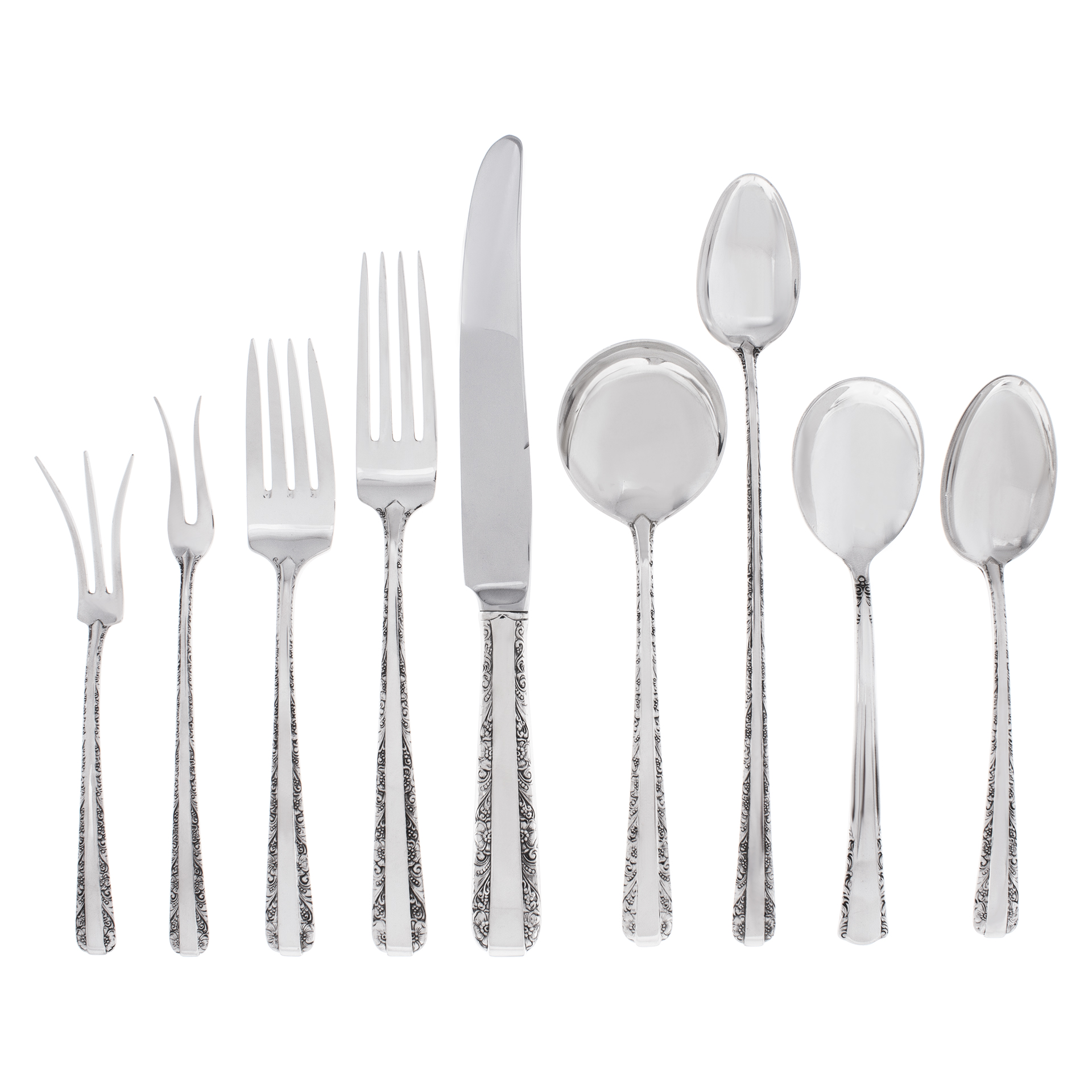 CANDLELIGHT sterling silver flatware set patented In 1934 By Towle Silversmiths. 62 pieces total-  5 Place setting for 8 + 5 soup spoon, and 9 serving pieces. Over 1800 grams sterling silver. image 1