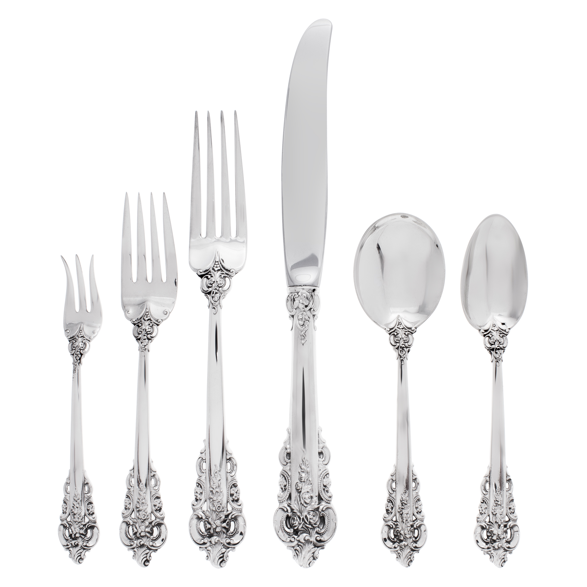 "GRANDE BAROQUE" Sterling Silver Flatware Set by Wallace, patented in 1941. 6 place setting for 12 with 3 Serving pieces. 75 pieces total- Over 3300 grams of Sterling Silver image 1