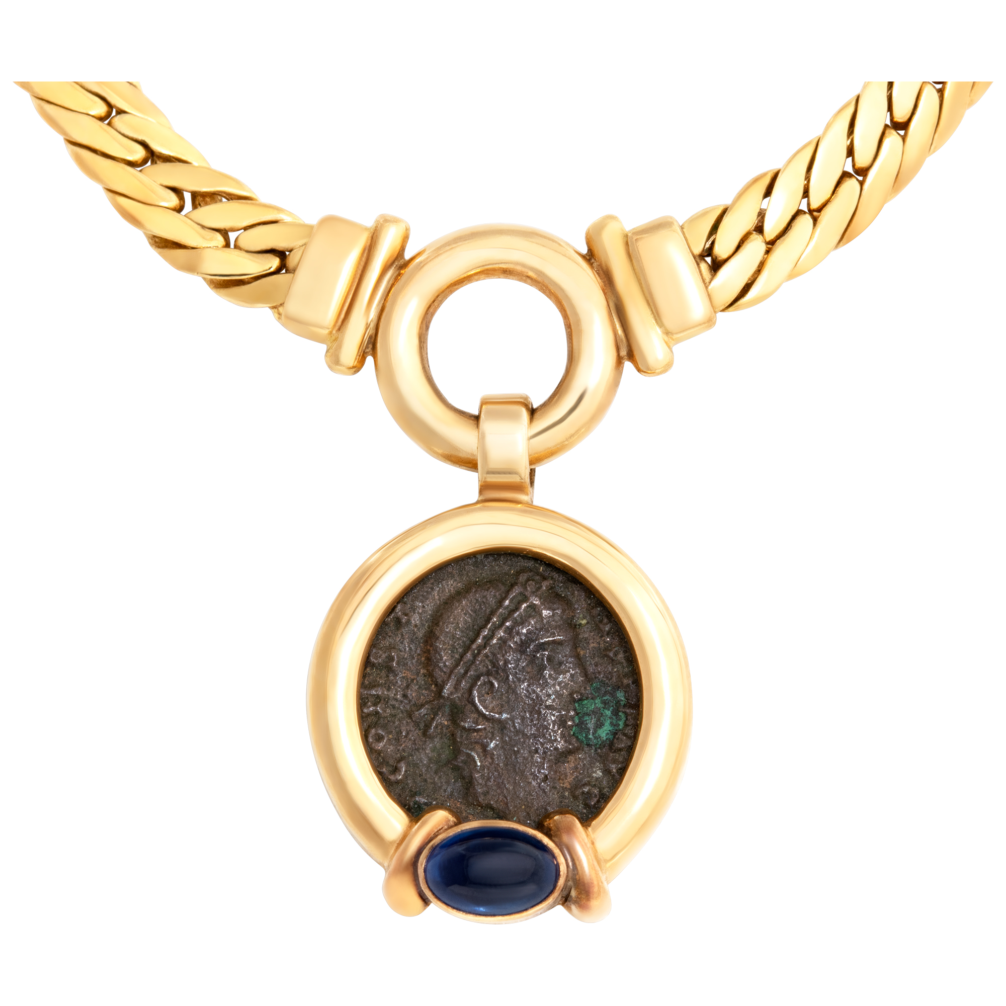 Chain/necklace with ancient Roman coin set in 18K yellow gold with an oval cabochon sapphire image 1