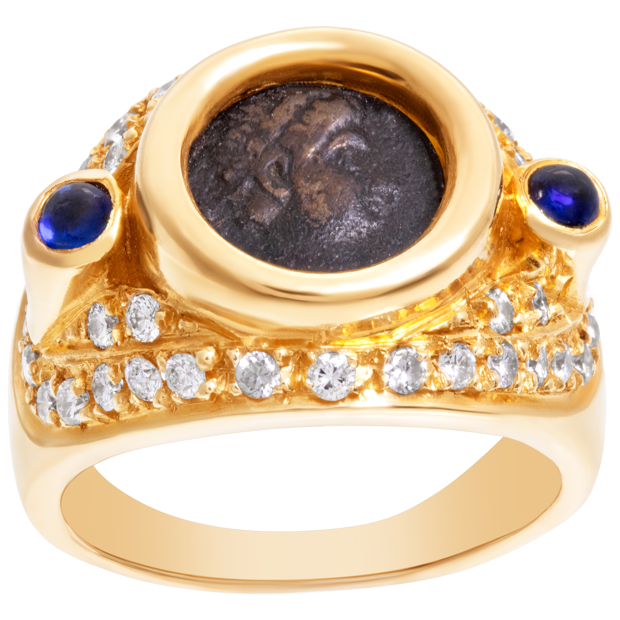 Ancient Greek coin set in 18k yellow gold ring with cabochon sapphires and round brilliant cut diamonds image 1