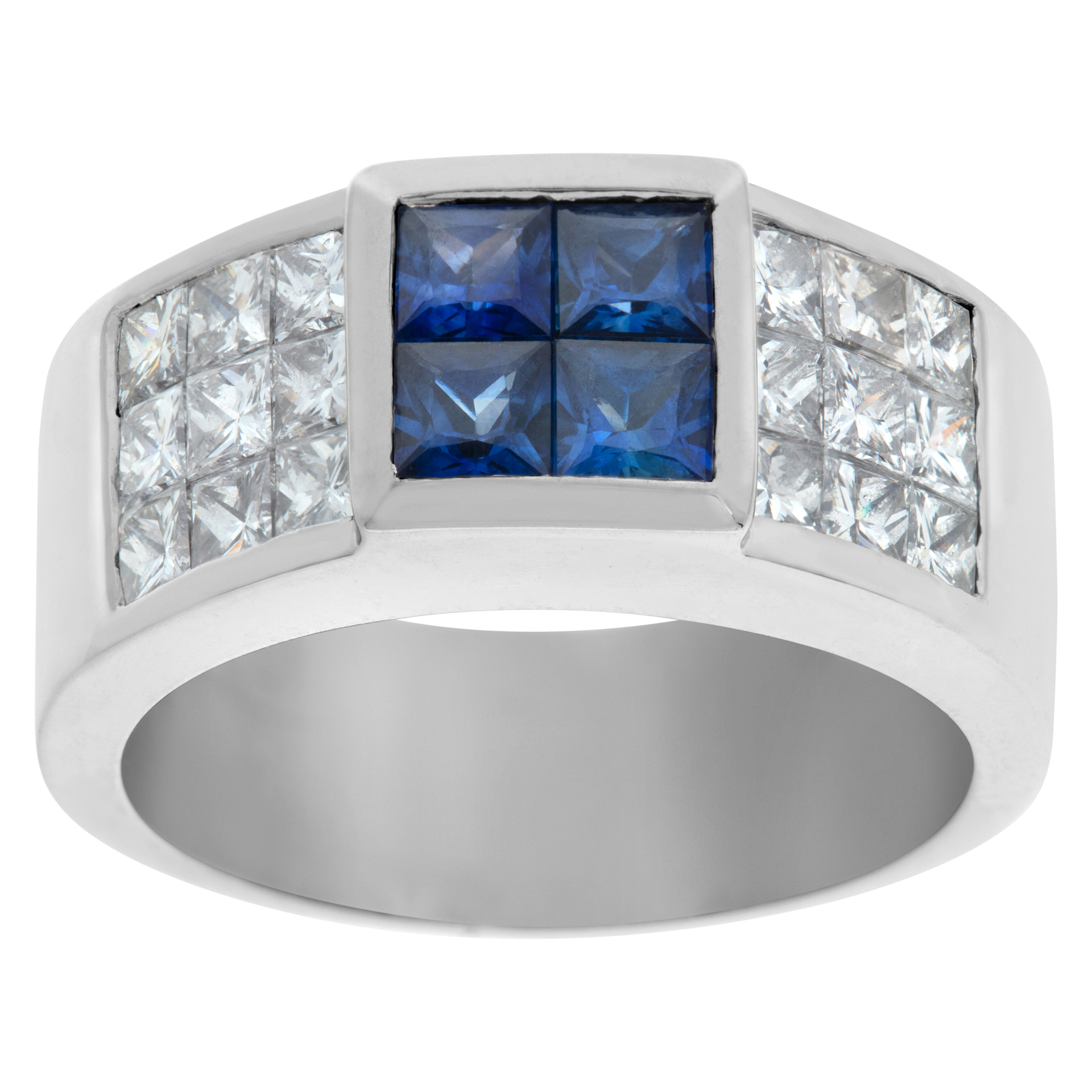 emerald cut sapphire & Princess cut diamonds ring in 18K white gold- Size 6.25 image 1