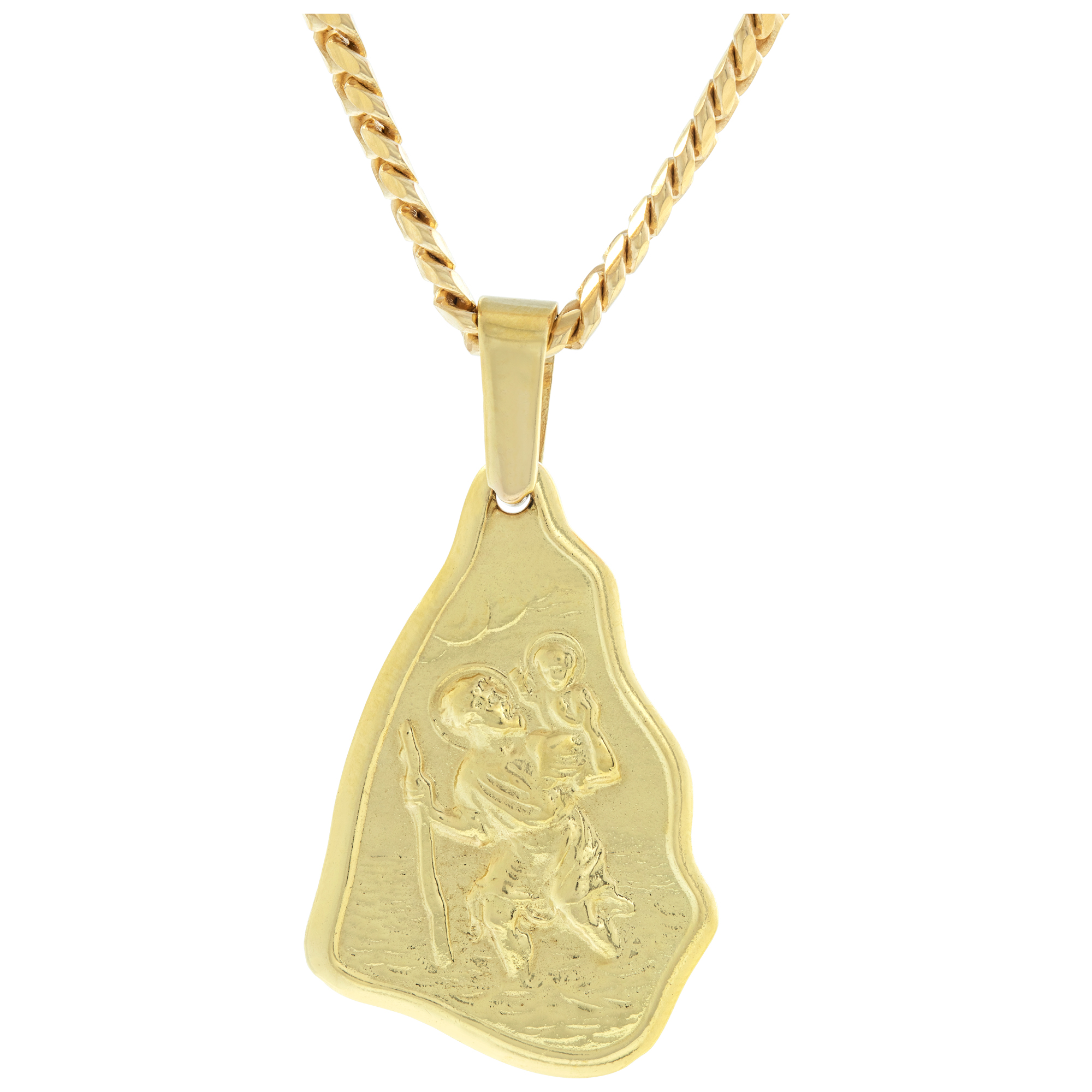 18k saint charm pendant with 18k flat cuban link chain image 1