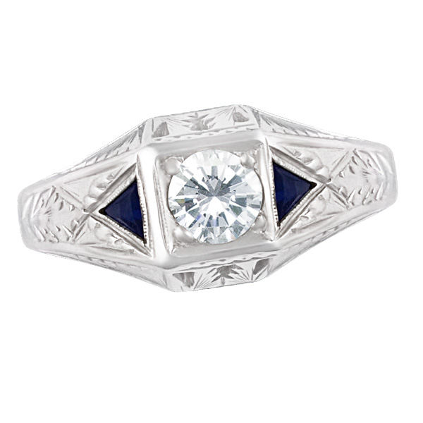 Antique diamond and sapphire ring in 18k white gold image 1