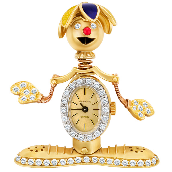 Custom clown pin in 14k gold, Geneve watch body & enamel hat. 2 cts in diamonds. image 1