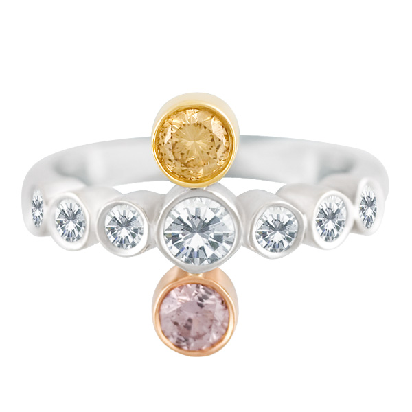 White, cognac & light pink diamond cross ring in 18k; SI clarity. image 1