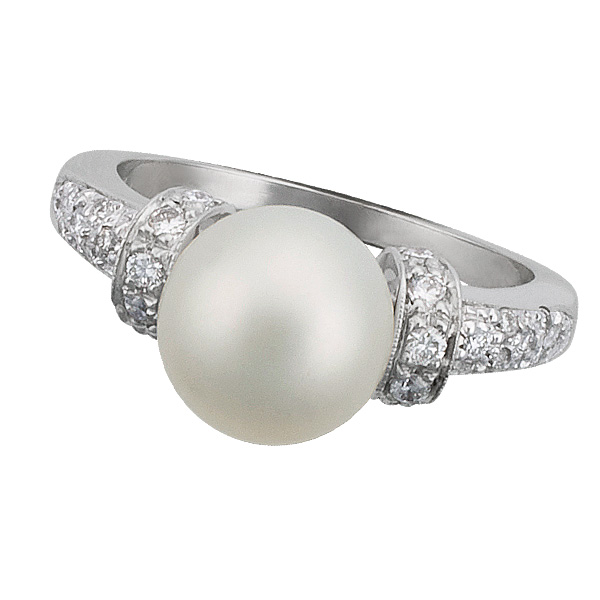 Luscious pearl ring in 18k white gold with approximately 0.50cts in pave diamonds. image 1