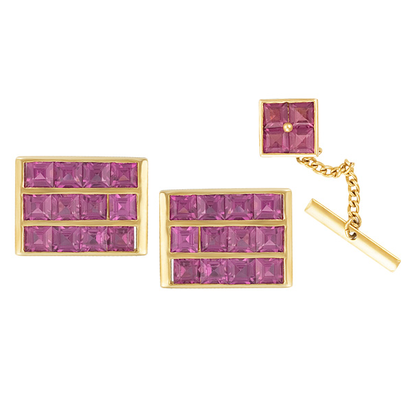 Elegant cufflinks and tie tack with brilliant amethyst image 1