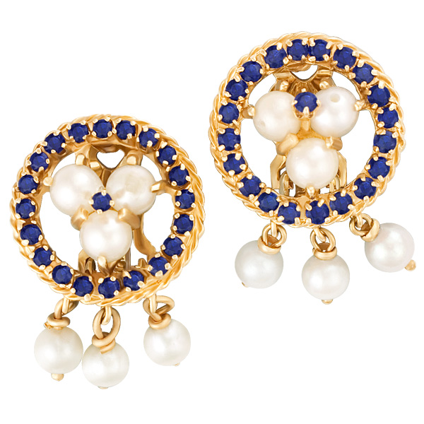 French clips in 14k with pearls surrounded by app. 1.68 cts sapphires image 1