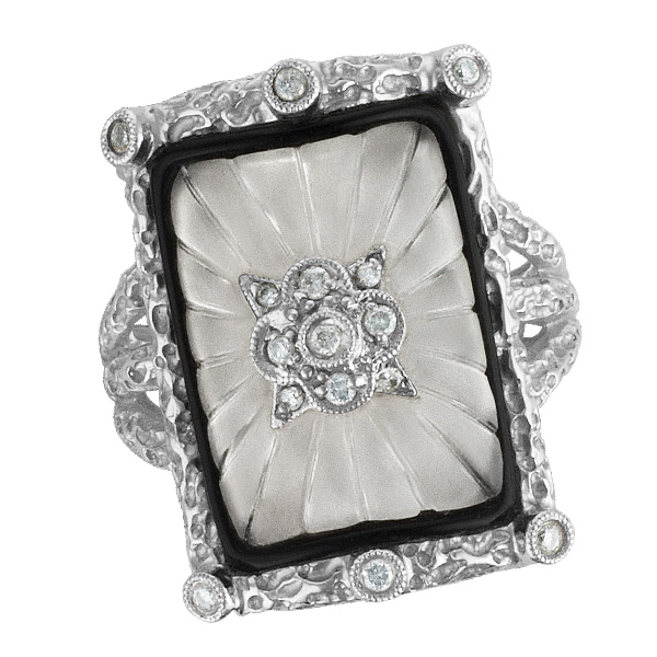 Unique design ring in 14k white gold with center crystal surrounded by black enamel and over 0.15cts image 1
