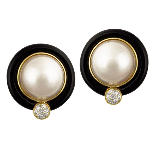 Mobe Pearl And Onyx Earrings With Pave Diamonds In 18k image 1