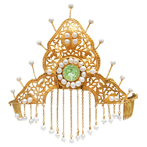 Tiara 14k gold head piece with hanging pearls image 1