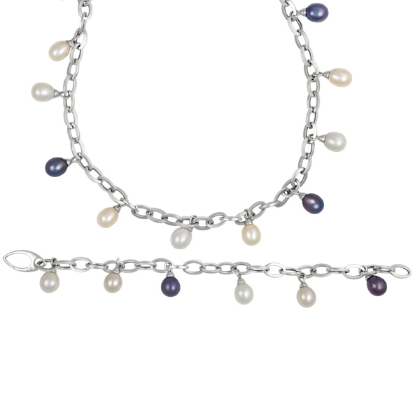 Mutli colored pearl necklace & bracelet set in 18k white gold, app. 9 mm pearls image 1