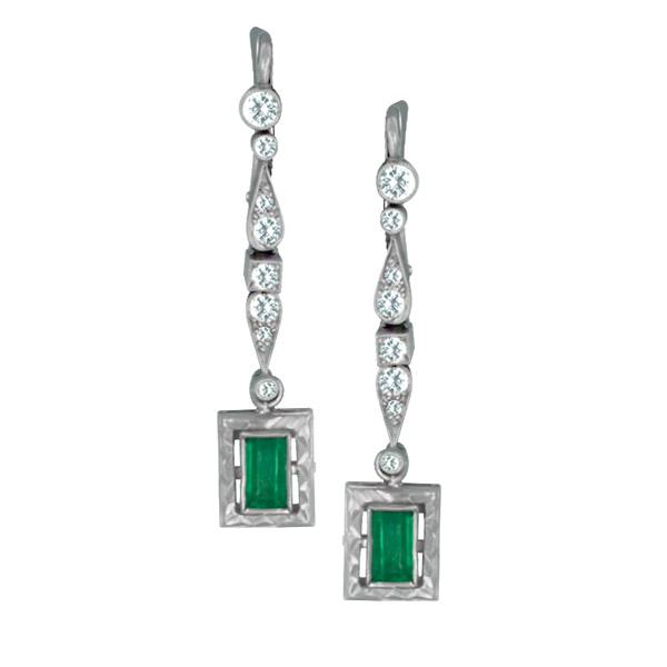 Vintage Earring  in 18k white gold with diamonds and emeralds image 1