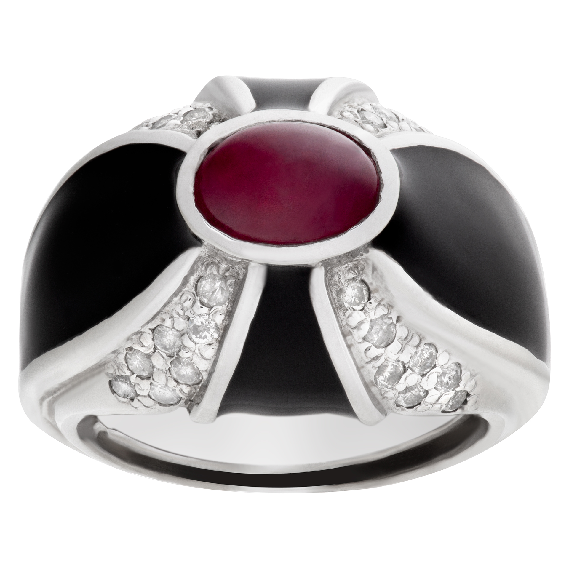 Stunning cabochon ruby and diamond ring in 14k white gold with black enamel image 1
