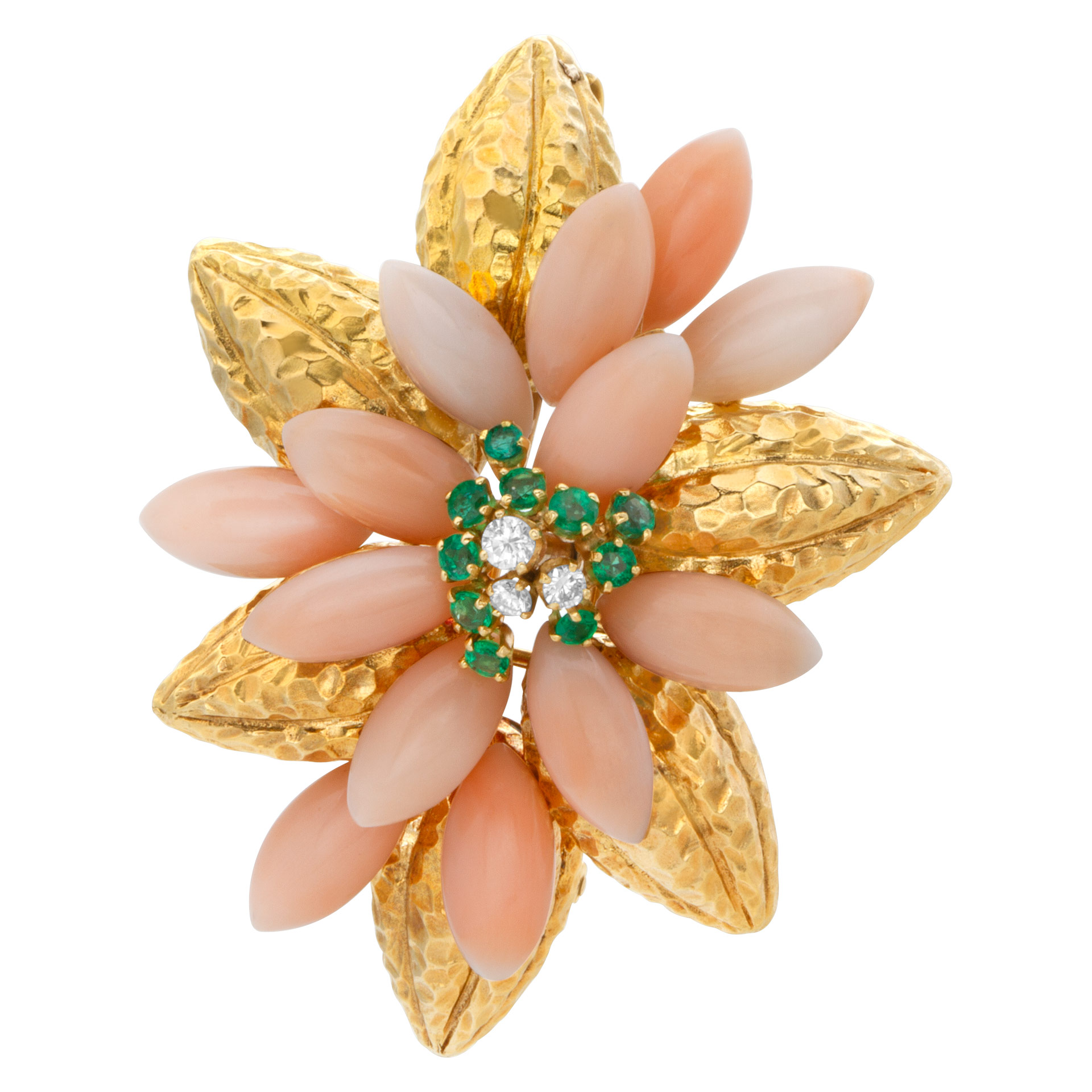 Flower brooch/pendant in 18k yellow gold with center diamonds and emerald accents image 1