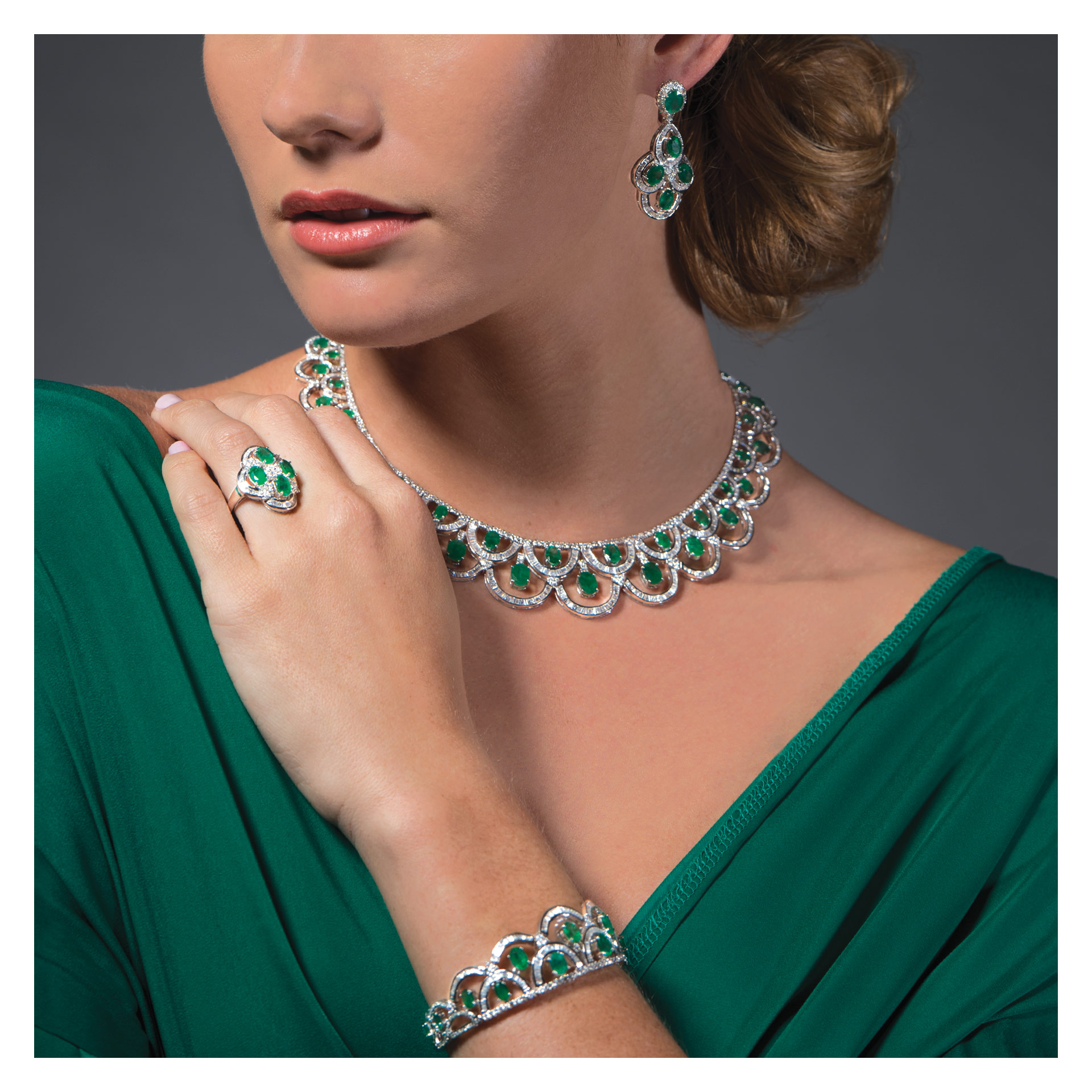 Emerald & diamond set in 18k white gold; ring, bracelet, necklace & earrings image 1
