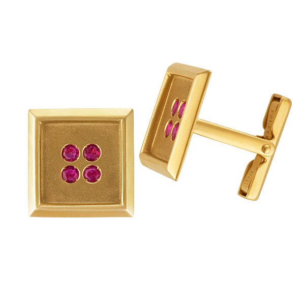 Square "Button" cufflinks with red ruby accents in 14k gold image 1