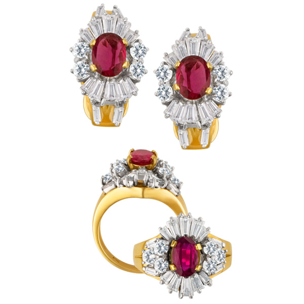 Ruby and Diamond earring and ring set in 18k image 1