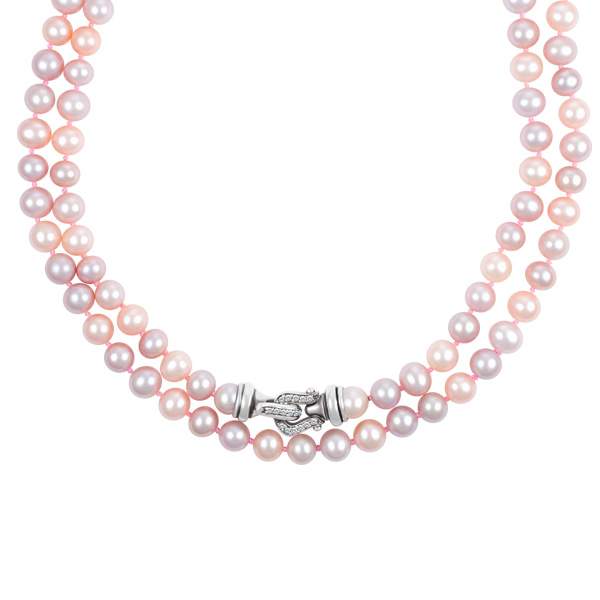 David Yurman long strand of pink pearls with sterling silver and diamond clasp image 1