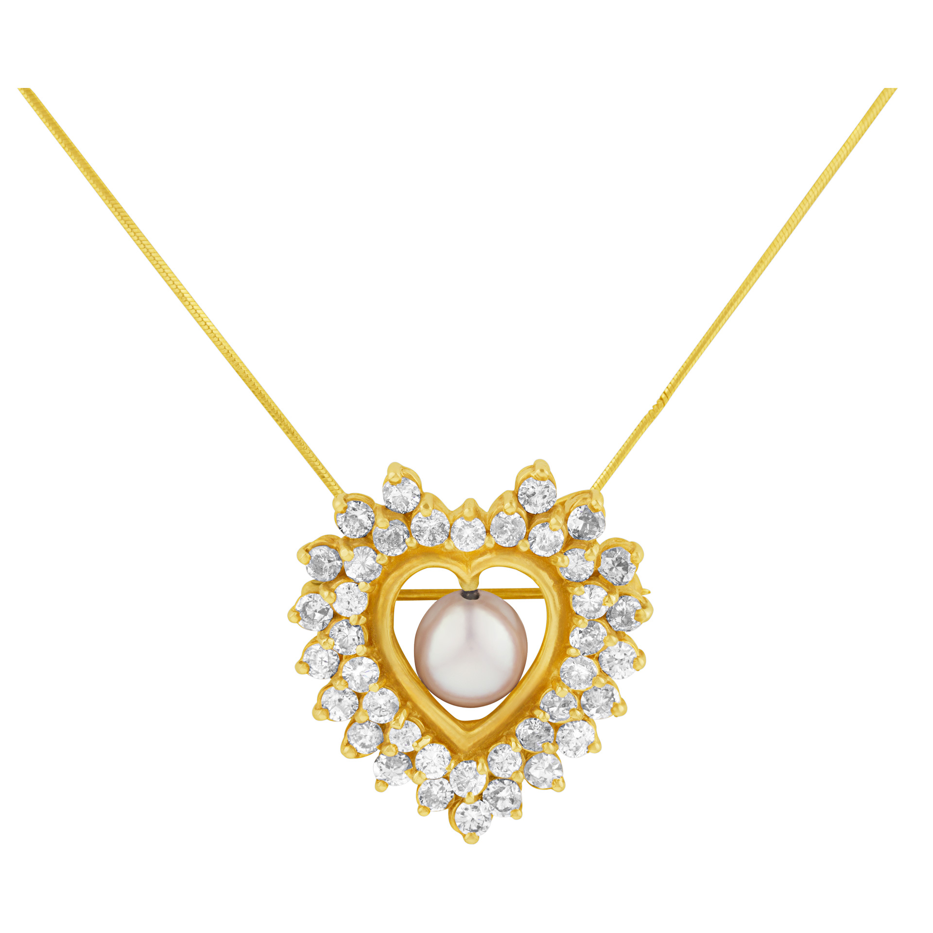 Heart shaped pearl & diamond brooch in 14k yellow gold. image 1