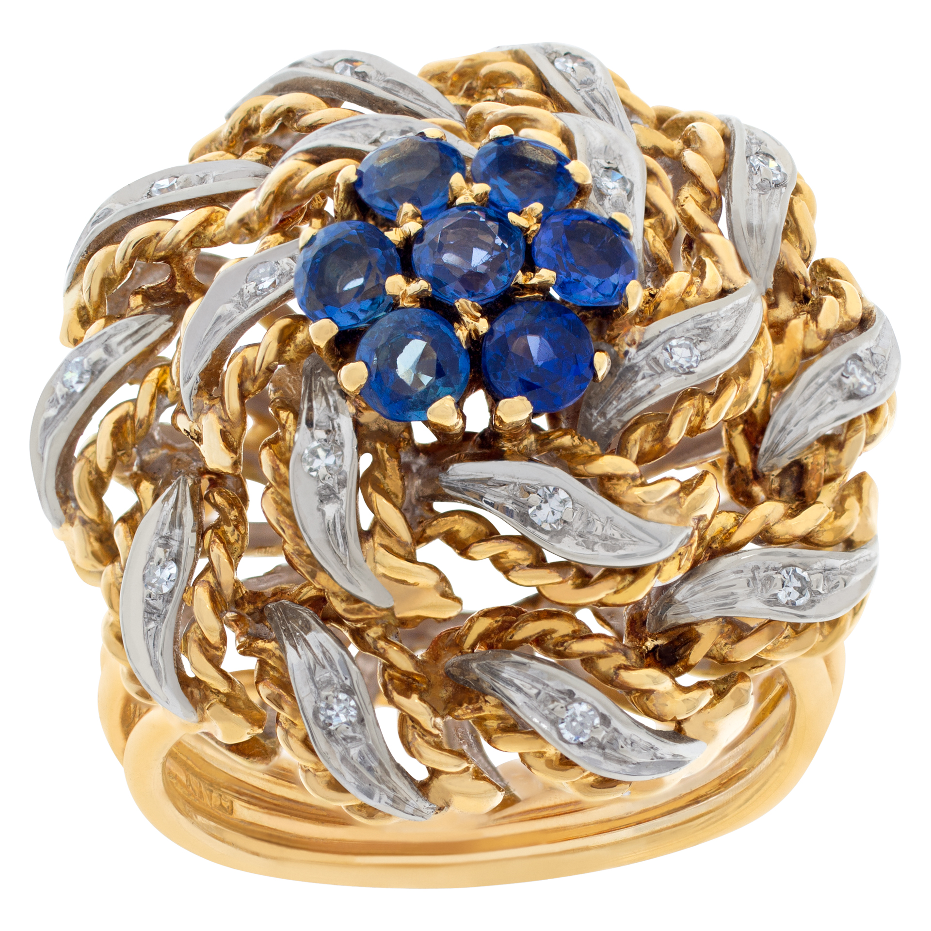 Flower sapphire and diamond ring in twisted 18k white and yellow gold image 1