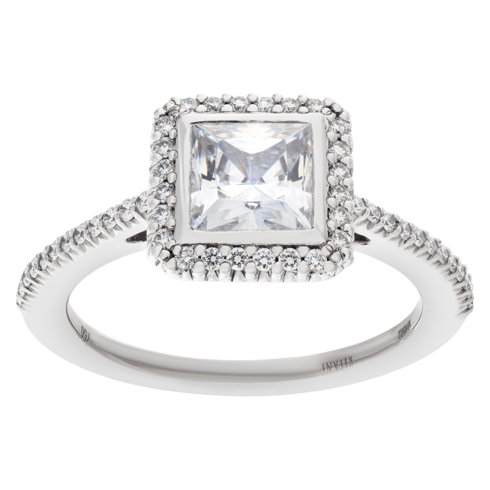 Ritani semi-mount in 18K white gold, with 0.24 carat round damonds to hold 1.0 ct princess cut center stone- Shown with CZ center- Not a Diamond image 1