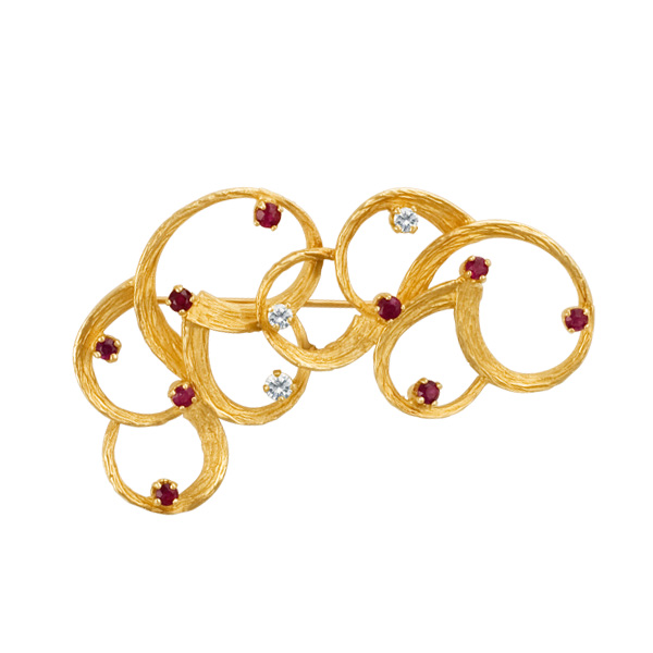 Elegant swirl broach with ruby & diamond accents in 14k image 1