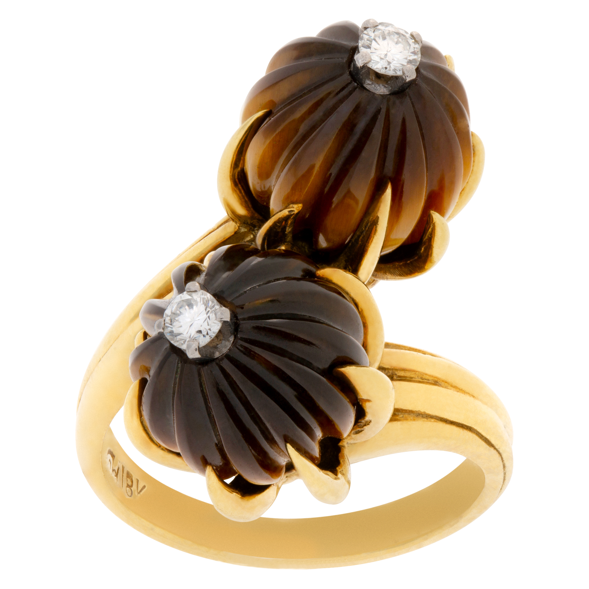 Magnificent tiger eye ring with diamond center in 18k yellow gold. Size 6 image 1