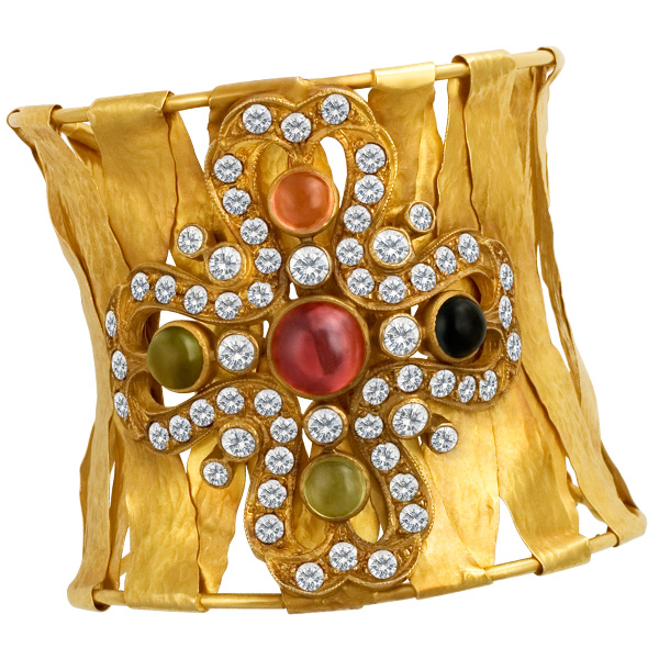 Large cuff in 18k with semi precious stones & over 10 carats in rose cut diamonds image 1