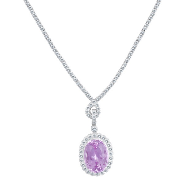 Pink Kunzite drop pendant necklace in 18k white gold. 6.00 carats in diamonds image 1