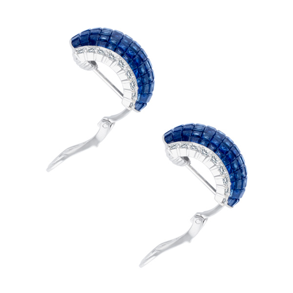 Blue sapphire and diamonds invisible earrings in 18k white gold image 1