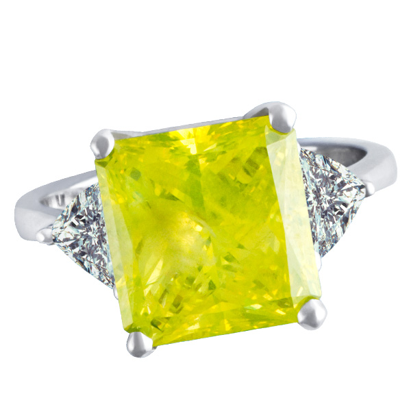 Color Enhanced Vivid Yellow Square Cut 4.54 Cts Set In A Platinum Setting With 2 Side Trillion image 1