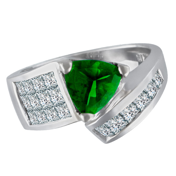 Tasteful trillion cut tsavorite ring with diamond accents set in 18k white gold. image 1