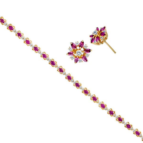 Flower diamond and ruby bracelet and earring set image 1
