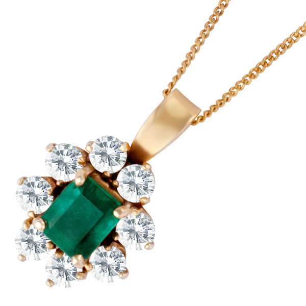 Deep Green emerald and diamond pendant in 14k. app. 1.0 cts emerald surrounded by app. 1.0 cts dia image 1