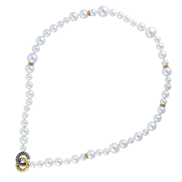 David Yurman pearl necklace with thoroughbred stations in 18k. 18k & sterling silver clasp. 16" leng image 1