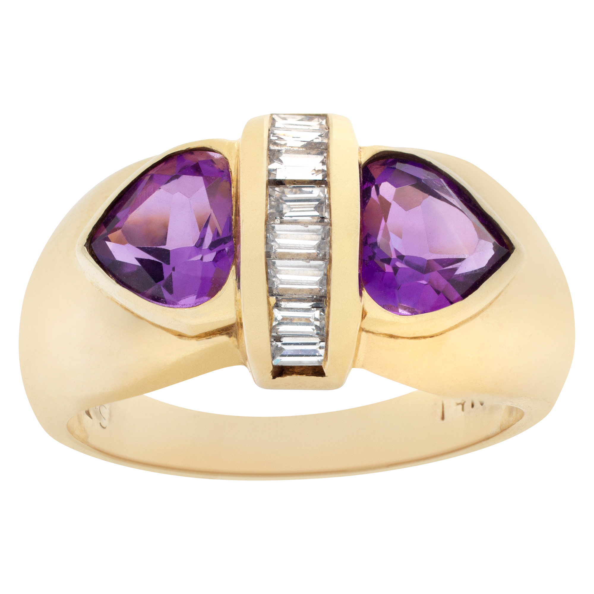 Amethyst heart shape and baguette cut diamond ring,  in 14K yellow gold. Size 6 image 1