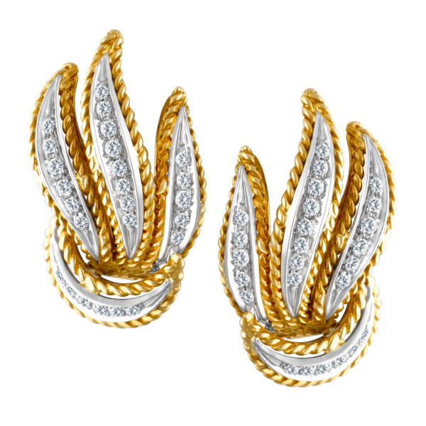 twisted gold & diamond leaf design earrings in 18k, app 0.50 carats image 1