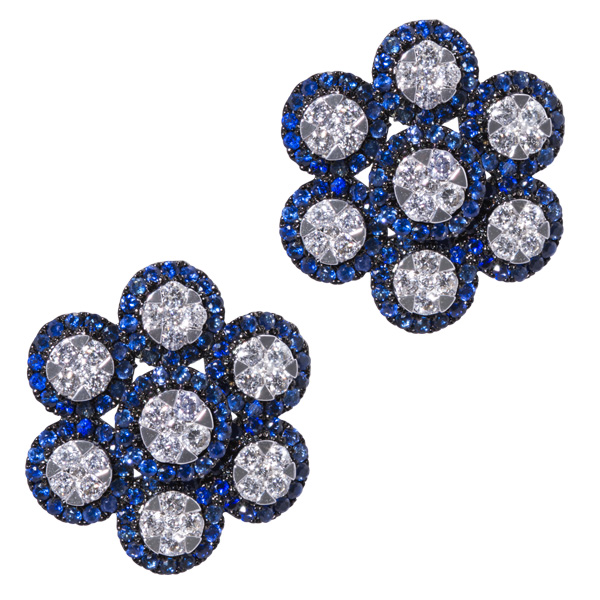 Flower style earrings in 18k white gold, diamonds, and sapphire. image 1