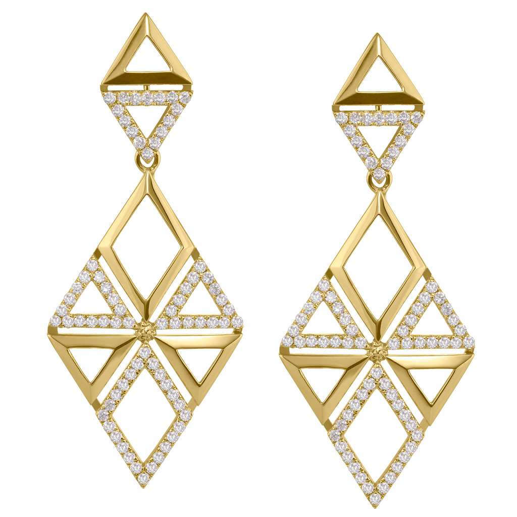 18k yellow gold geometrical hanging pave diamond earrings. 1.10 carats image 1