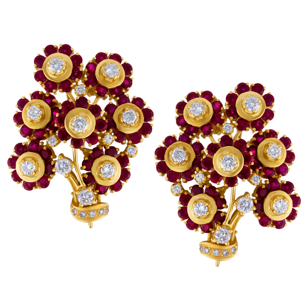 Matching flower ruby (6 cts) diamond (3.5 cts) lapel pin broach set in 18k Y/g. image 1