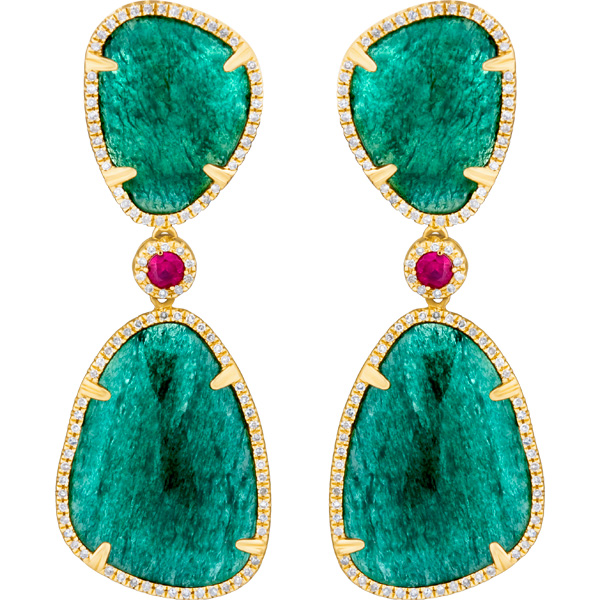Stylish and sexy jade earrings with ruby and over 1.5 cts in diamonds image 1