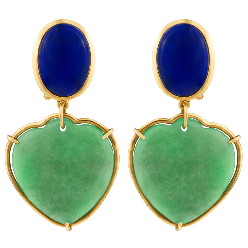 Green jade and blue lapiz earrings in 14k gold image 1