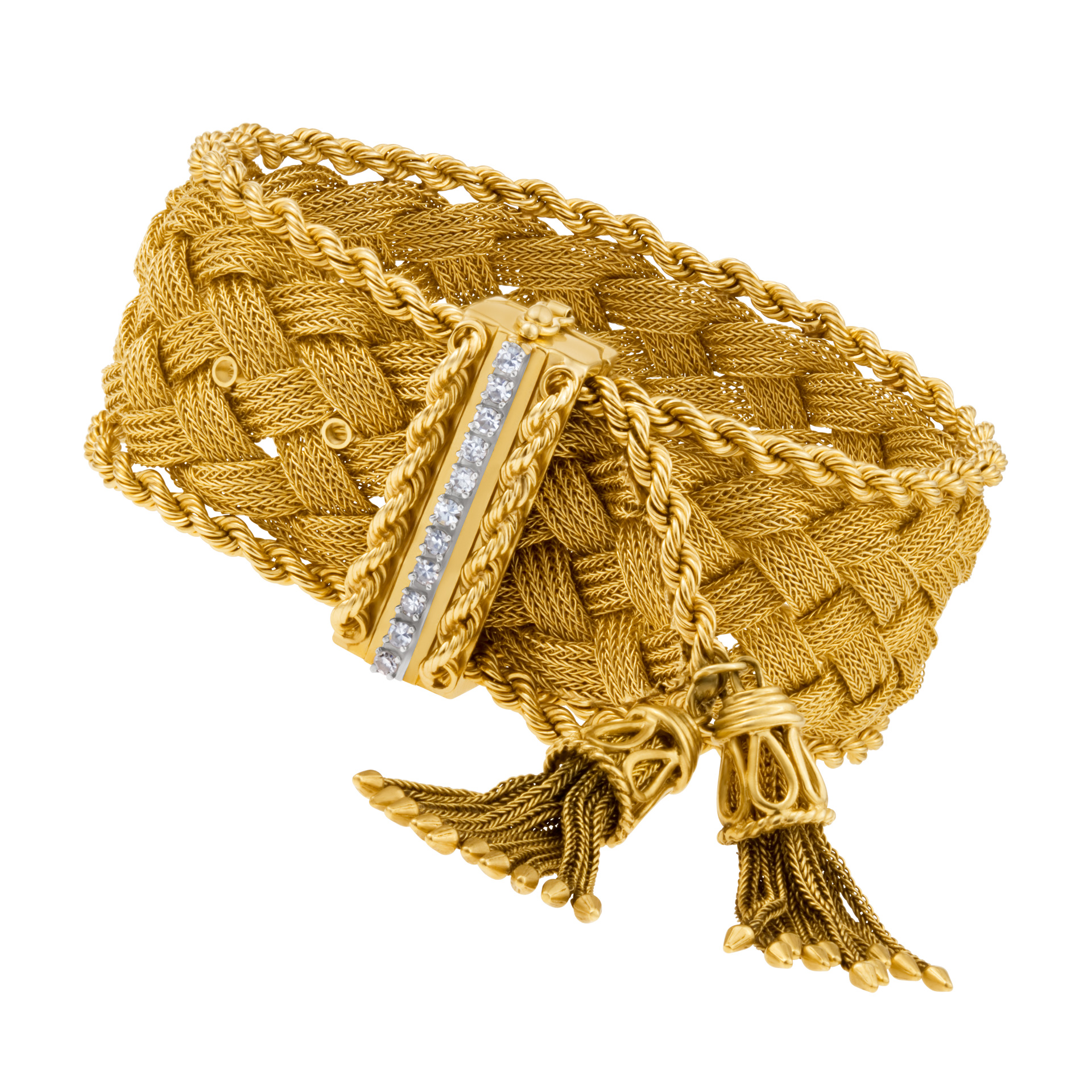 Braided woven bracelet in 14k with diamond bar across clasp & tassle accents. Circa 1950's. image 1