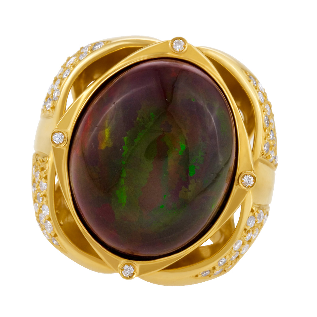Australian black opal ring in 18k yellow gold with diamonds. 1.00 ct in diamonds. Size 6. image 1