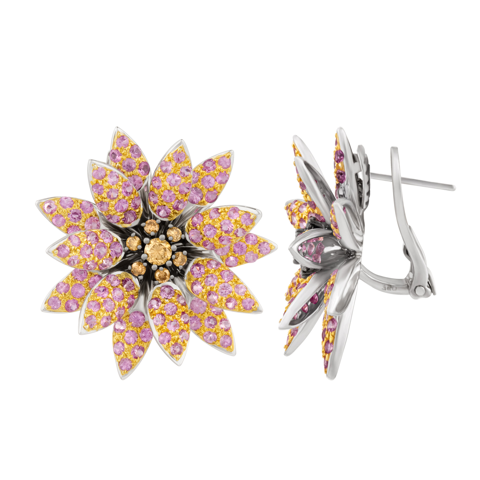 Pink Chrysanthemum earrings with pink sapphires app. 4 carats and diamond blossoms in 18k white gold image 1