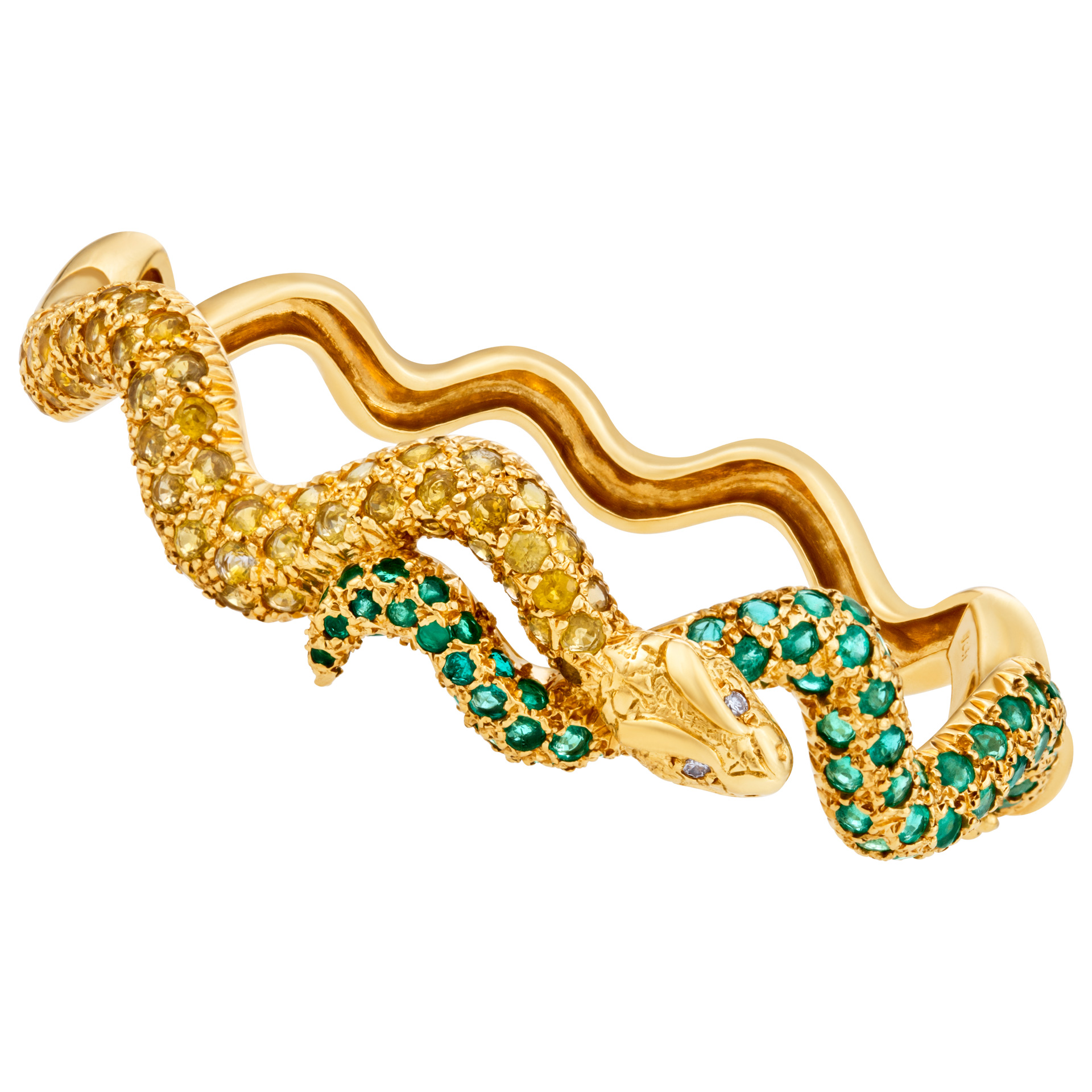 Sazingg serpent swirl bangle app. 3.5 in yellow sapphires and emeralds in 18k image 1