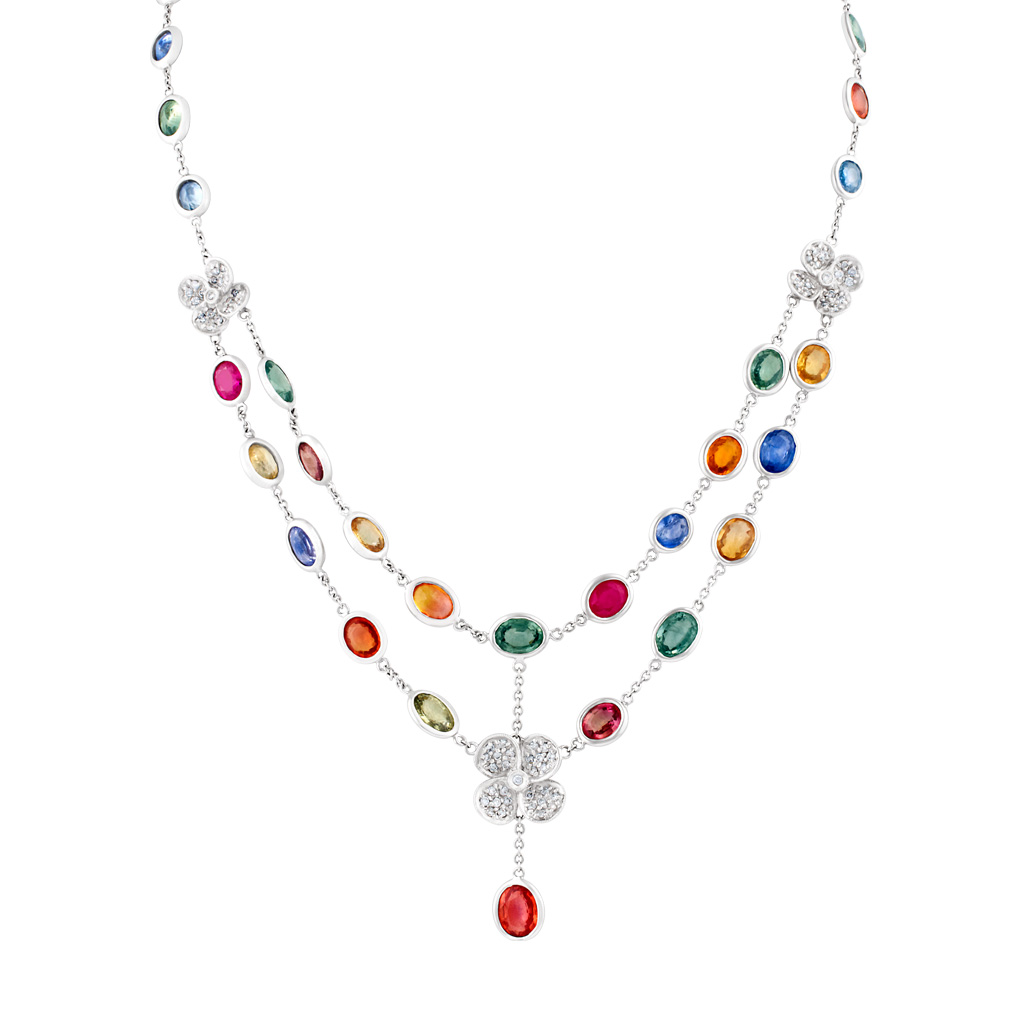 Colorful blue, green, red, yellow, orange sapphires necklace in 18k white gold with diamond accents image 1