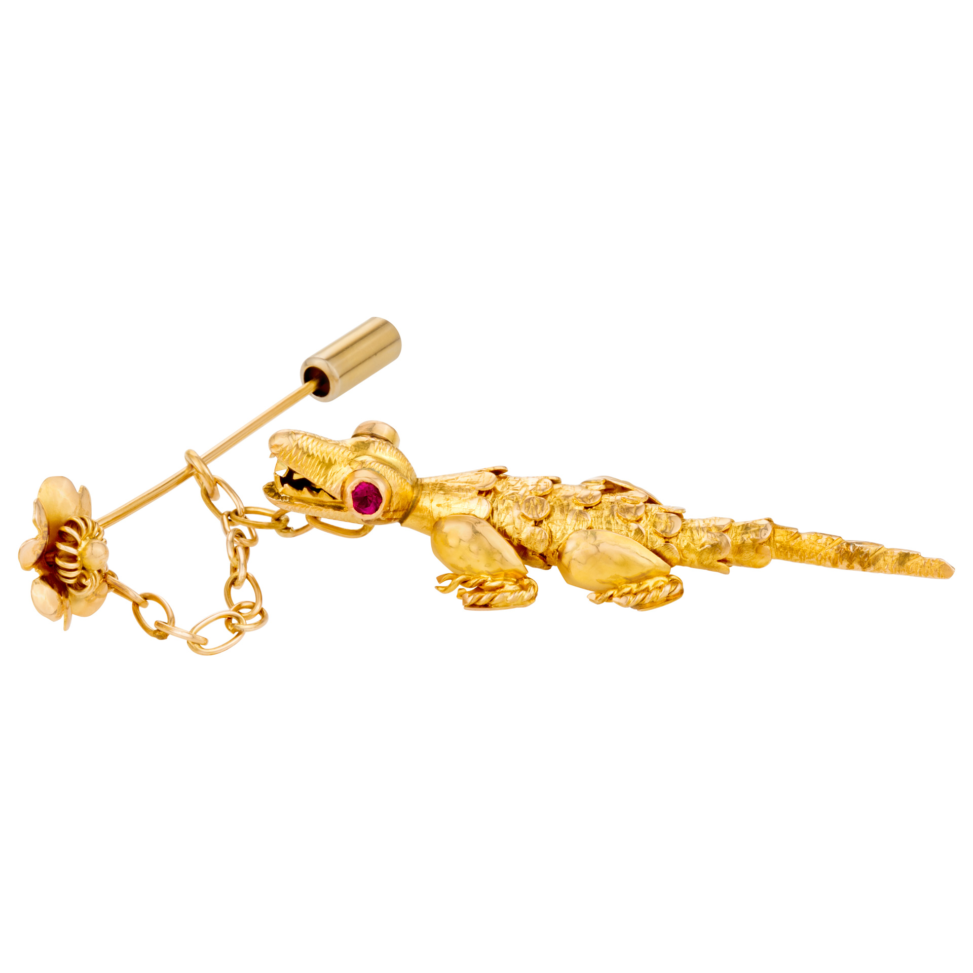 "GO GATORS" alligator pin with ruby eyes in 18k yellow gold. image 1