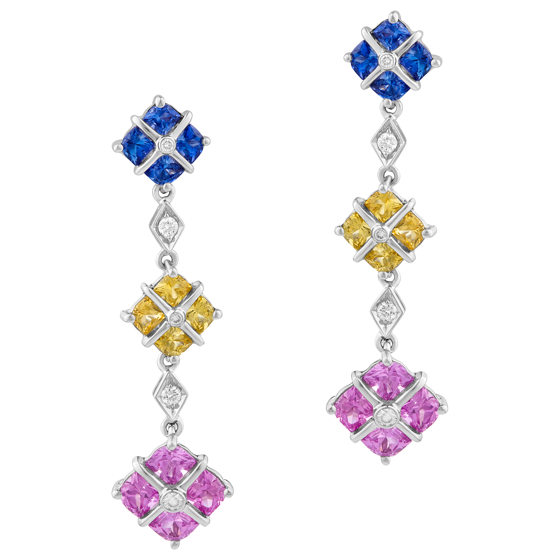 Blue, pink and yellow sapphire and diamond earrings set in 18k whit gold image 1